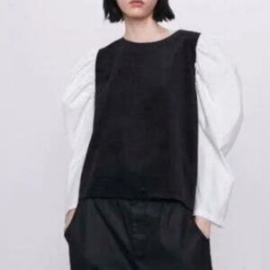 Zara Black & White Corduroy Puff Sleeve Top